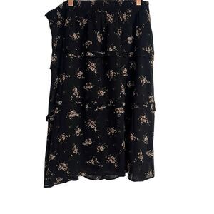 Allegra K NWOT Floral Smocked Waist Knee Length Ruffle Tiered Skirt Black XL
